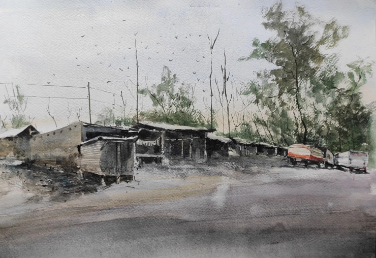 Highway (ART-7901-116638) - Handpainted Art Painting - 16in X 12in
