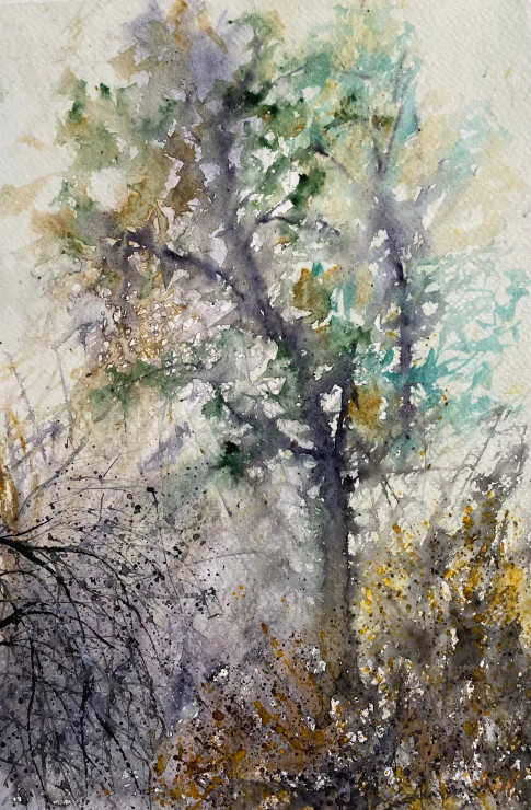 Tree With Bushes (ART-8841-116450) - Handpainted Art Painting - 8in X 11in