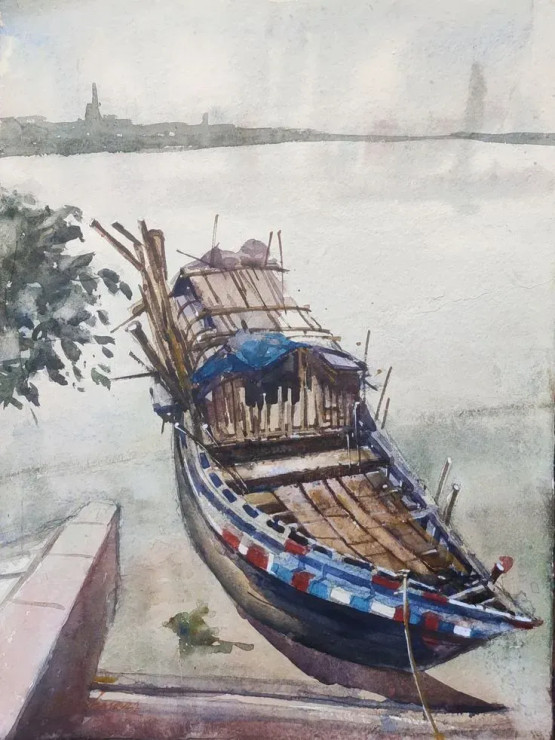 Boat Bringing Clay To Kumartuli (ART-8303-116835) - Handpainted Art Painting - 11in X 15in