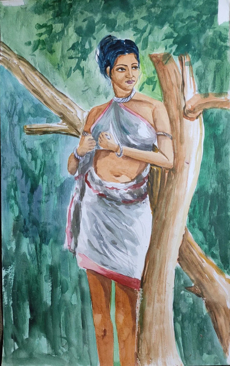 Santal Woman (ART-7901-116964) - Handpainted Art Painting - 14in X 22in