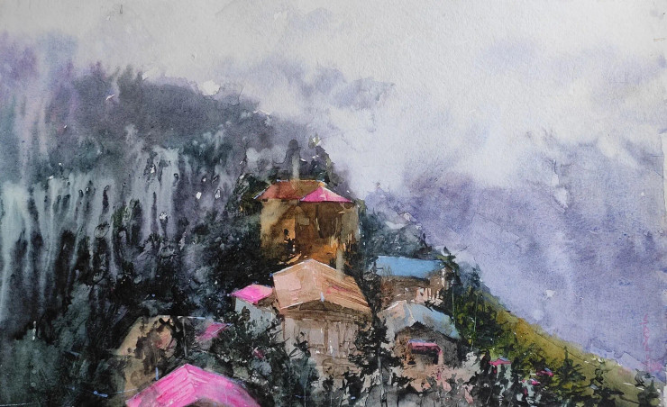 Household On Hillery (ART-7901-116960) - Handpainted Art Painting - 22in X 14in