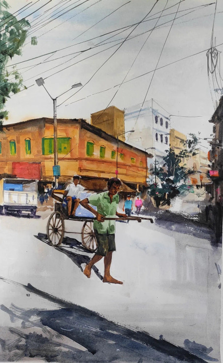 Kolkata City (ART-7901-117028) - Handpainted Art Painting - 14in X 22in