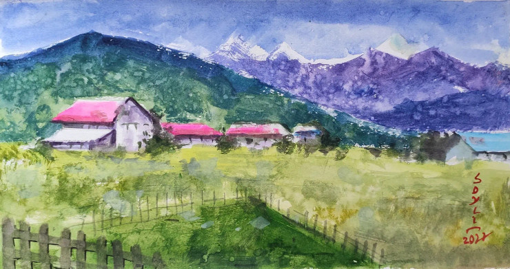 Mountain (ART-7901-116848) - Handpainted Art Painting - 14in X 8in