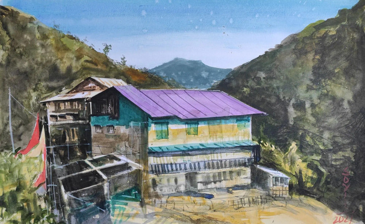 The Purple House (ART-7901-116952) - Handpainted Art Painting - 22in X 14in
