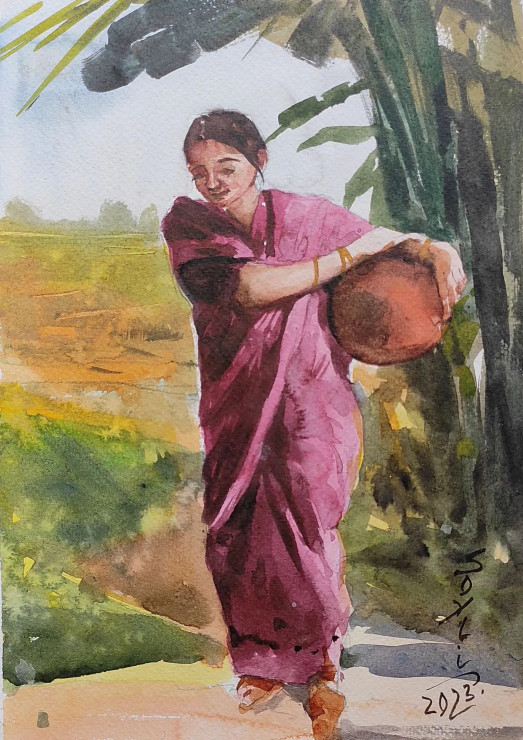 The Lady (ART-7901-116876) - Handpainted Art Painting - 8in X 12in