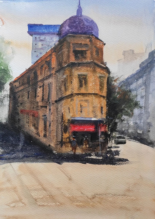 Building (ART-7901-116883) - Handpainted Art Painting - 8in X 12in