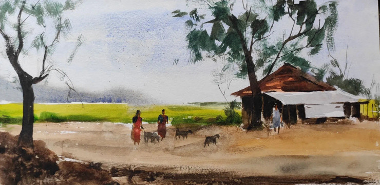 Village (ART-7901-116853) - Handpainted Art Painting - 14in X 8in