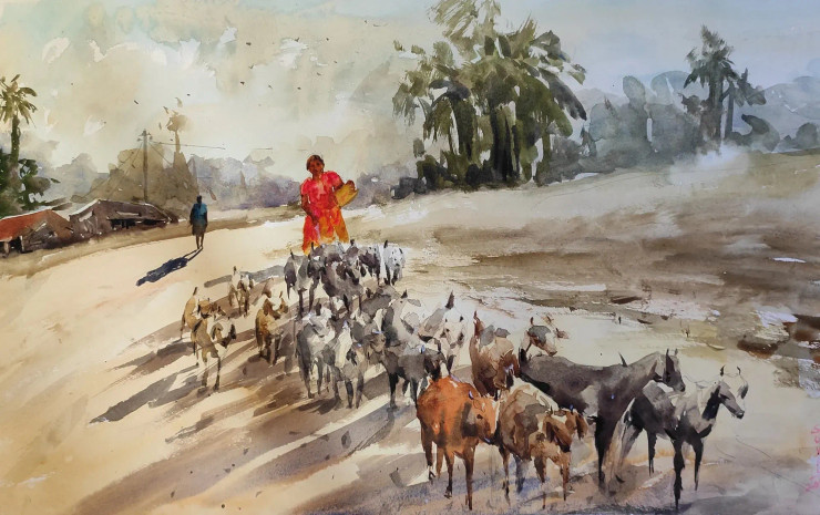 Village Girl (ART-7901-116923) - Handpainted Art Painting - 22in X 14in