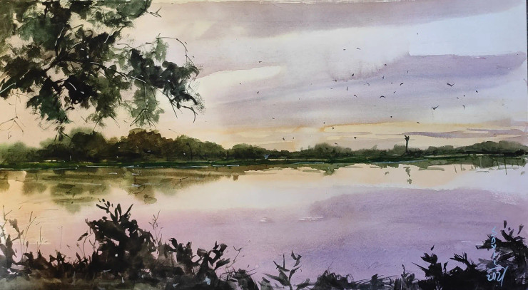 Sunset (ART-7901-116898) - Handpainted Art Painting - 22in X 12in