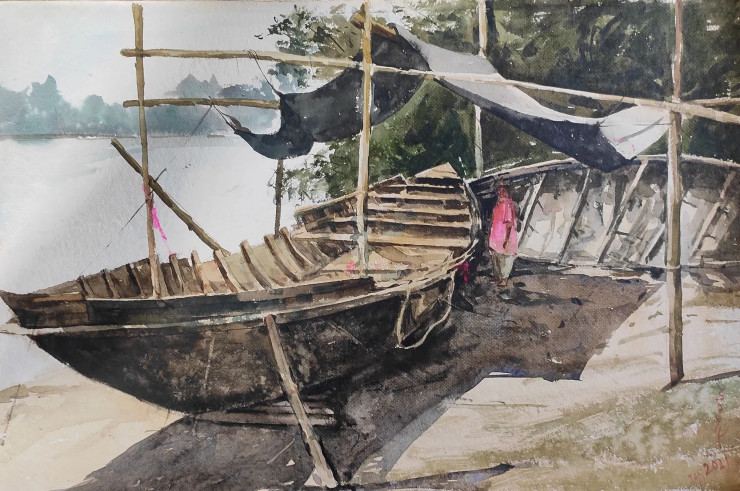 Boat (ART-7901-117038) - Handpainted Art Painting - 23in X 15in