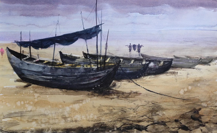Boats (ART-7901-116947) - Handpainted Art Painting - 22in X 14in