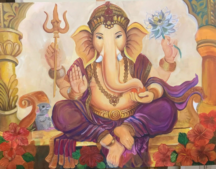 Ganesha (ART-15085-117073) - Handpainted Art Painting - 48in X 36in