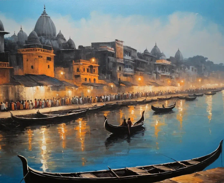 Banaras Ghat Painting (ART-3319-117070) - Handpainted Art Painting - 36in X 30in