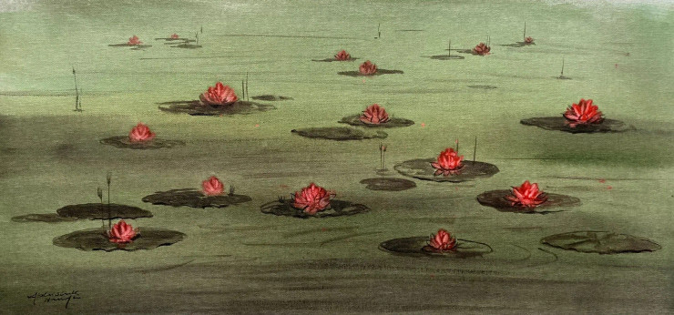 Waterlilies (ART-3512-117077) - Handpainted Art Painting - 20in X 10in
