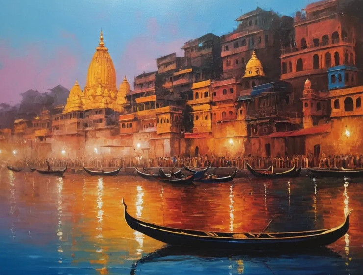 Varanasi Ghat Painting (ART-3319-117072) - Handpainted Art Painting - 48in X 36in