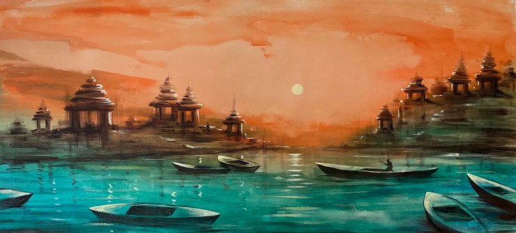 Banaras Ghat (ART-3512-117117) - Handpainted Art Painting - 52in X 24in