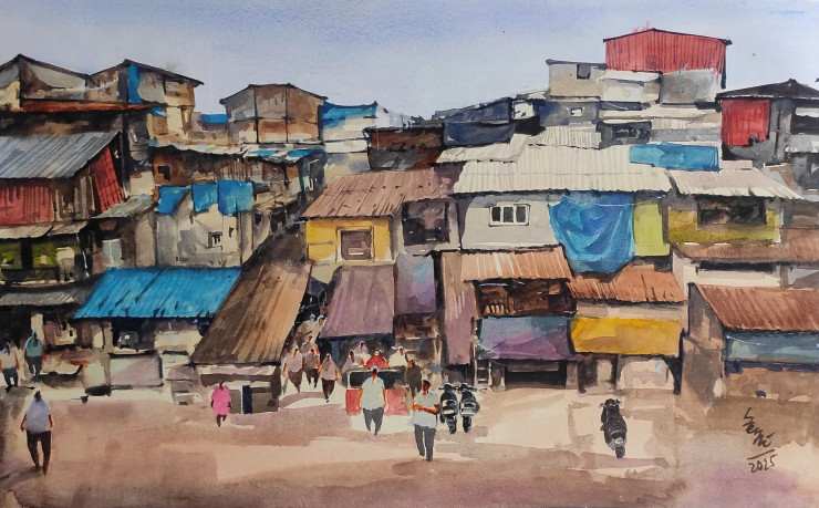 Slums Area (ART-7901-117122) - Handpainted Art Painting - 22in X 14in