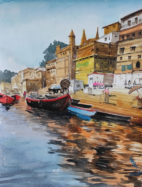 Banaras Ghat Series (PRT-7901-117113) - Canvas Art Print - 14in X 18in