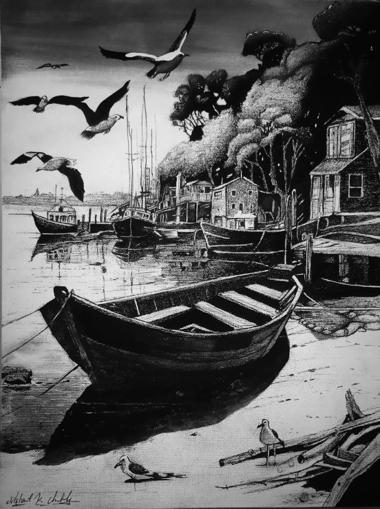 Tranquil Harbor – The Dance Of Stillness And Motion (ART-17843-117195) - Handpainted Art Painting - 12in X 16in