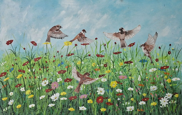 Abstract Free Birds Sparrow (ART-16822-117225) - Handpainted Art Painting - 30in X 20in
