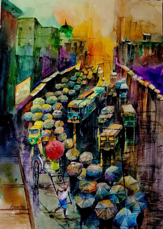 City Of Joy (ART-8538-117220) - Handpainted Art Painting - 15in X 22in