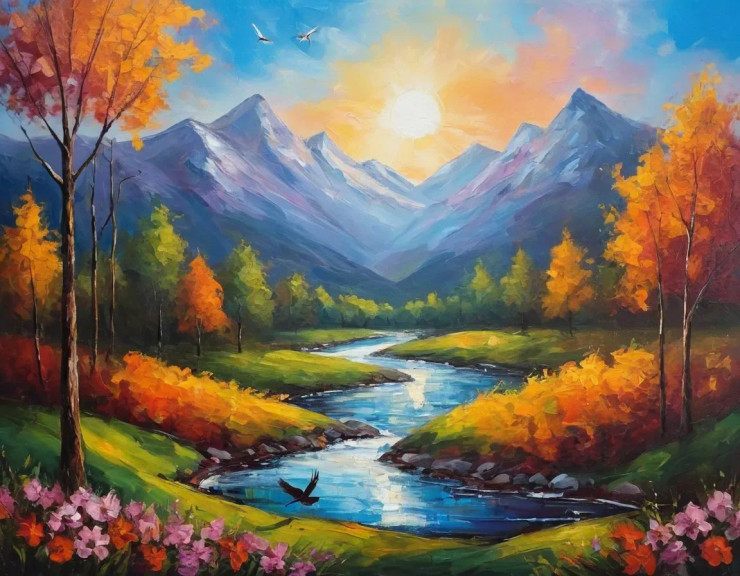 Nature's Heaven Mountains Sunrise Scenery Landscape Painting (ART-3319-117266) - Handpainted Art Painting - 36in X 24in