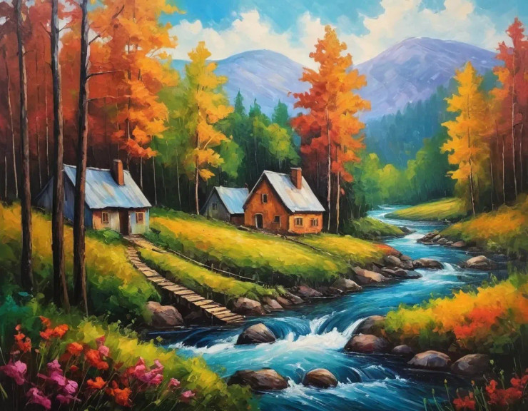 Moutains Waterfall Forest Scenery Landscape Painting (ART-3319-117265) - Handpainted Art Painting - 36in X 30in