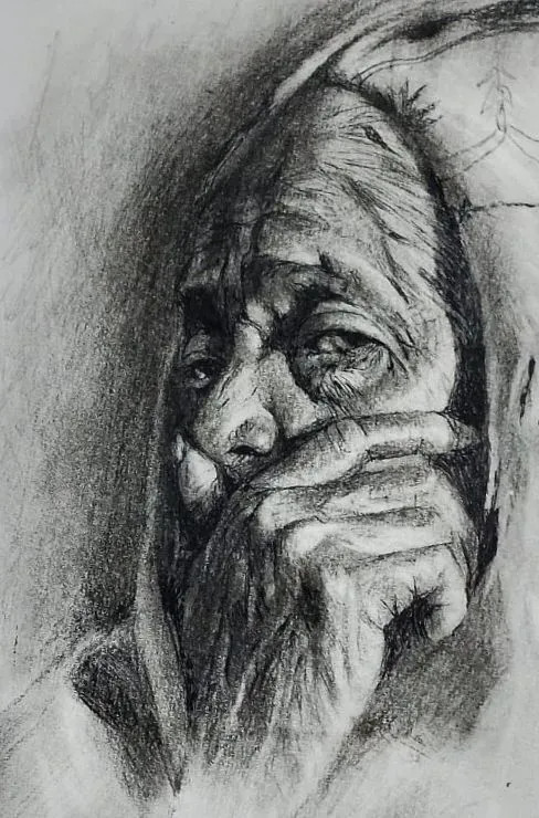 Old Lady (ART-15604-117318) - Handpainted Art Painting - 10in X 13in