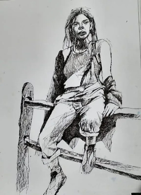 Sketch Of Woman (ART-15604-117315) - Handpainted Art Painting - 10in X 14in