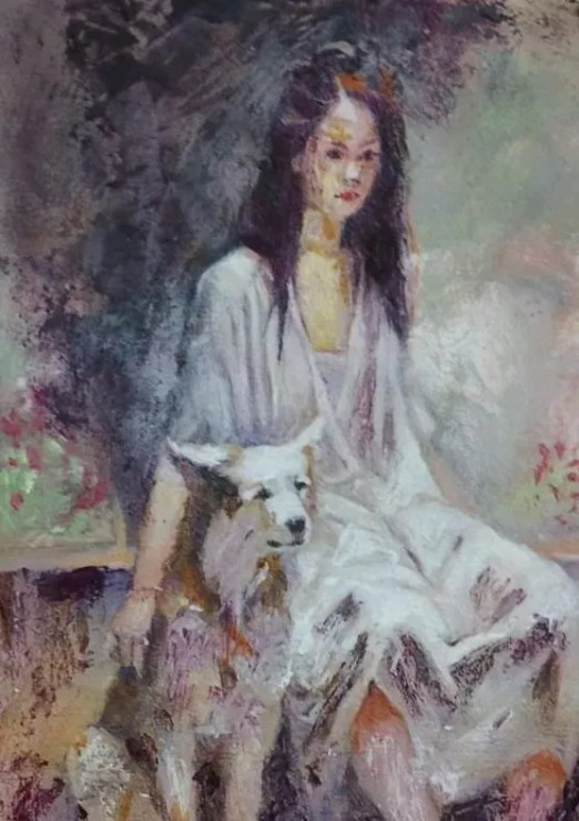 Girl And Dog (ART-15604-117309) - Handpainted Art Painting - 11in X 15in
