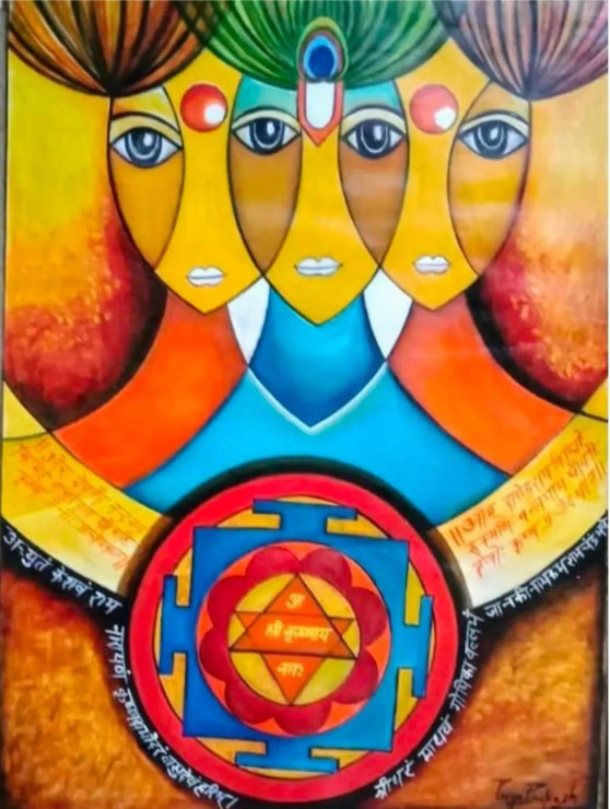 Radha- Krishna With Kirshna Yantra (ART-17518-117414) - Handpainted Art Painting - 21in X 28in