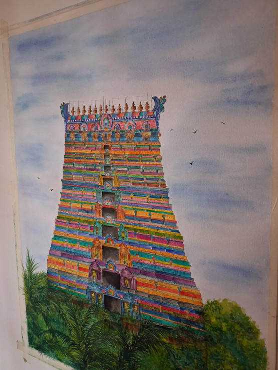 Srirangam Temple (ART-8972-117397) - Handpainted Art Painting - 23in X 33in
