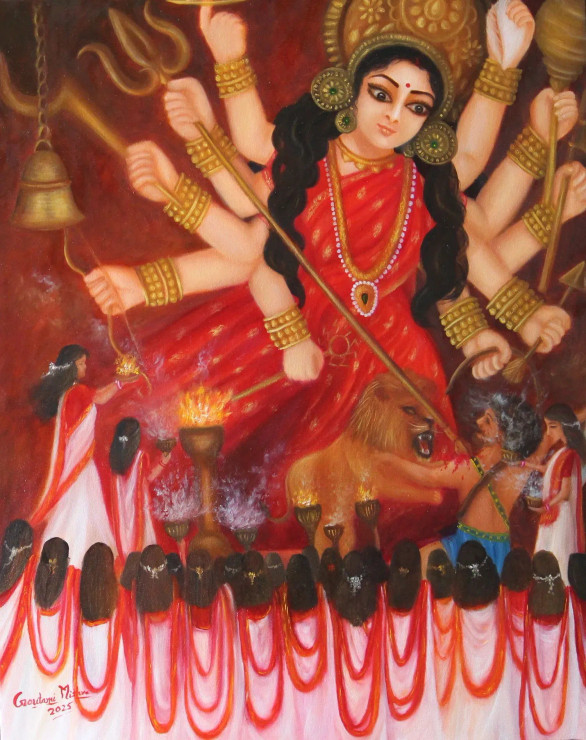 Durga Shakti (ART-976-117391) - Handpainted Art Painting - 24in X 30in
