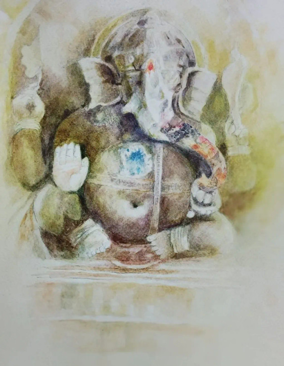 Ganesha (ART-15604-117328) - Handpainted Art Painting - 11in X 15in