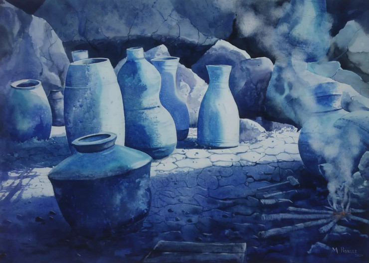 The Potter’s Blues (ART-1192-117278) - Handpainted Art Painting - 28in X 21in