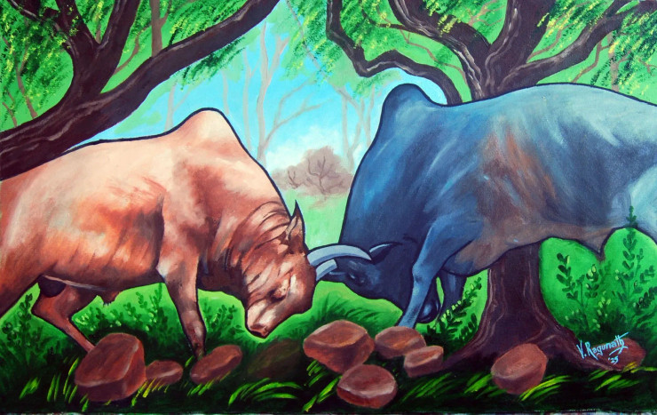 BATTLE OF STRENGTH (ART-1223-117474) - Handpainted Art Painting - 24in X 18in