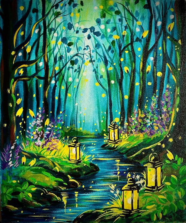 Whispers Of The Enchanted Stream (ART-7381-117525) - Handpainted Art Painting - 10in X 12in