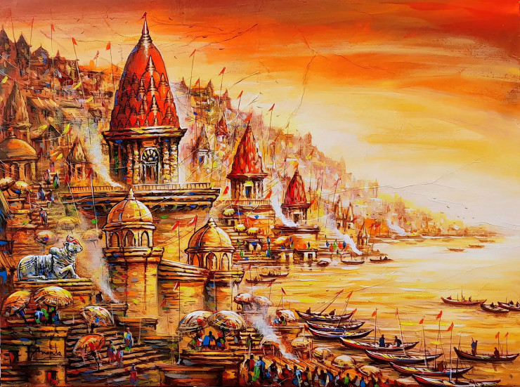 Golden Kashi: Nandi's Vigil & The Sacred Ganga At Banaras (ART-7456-117535) - Handpainted Art Painting - 40in X 30in