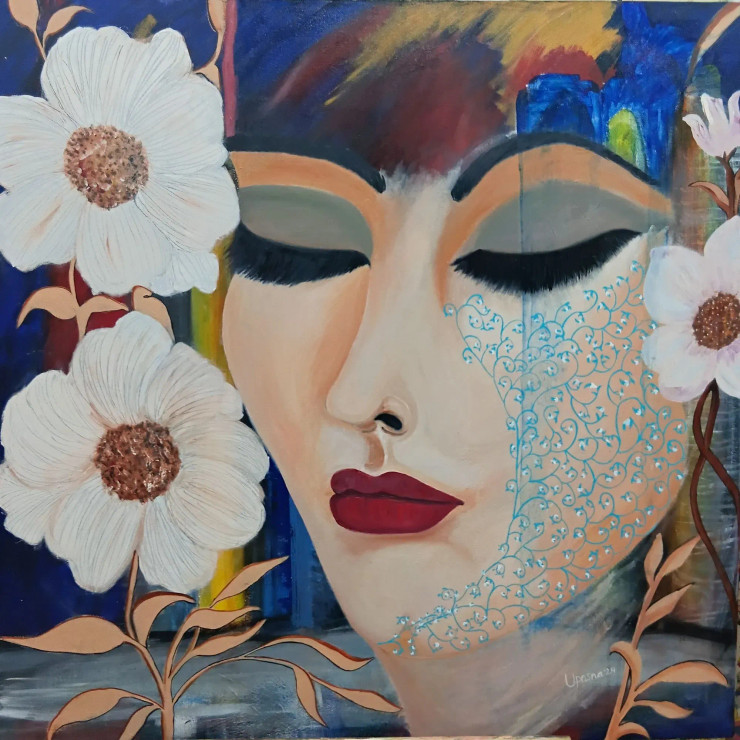 Azure Veil: Blossom Reverie (ART-17719-117505) - Handpainted Art Painting - 36in X 36in