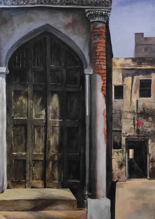 The Black Door (ART-7901-117548) - Handpainted Art Painting - 21in X 30in