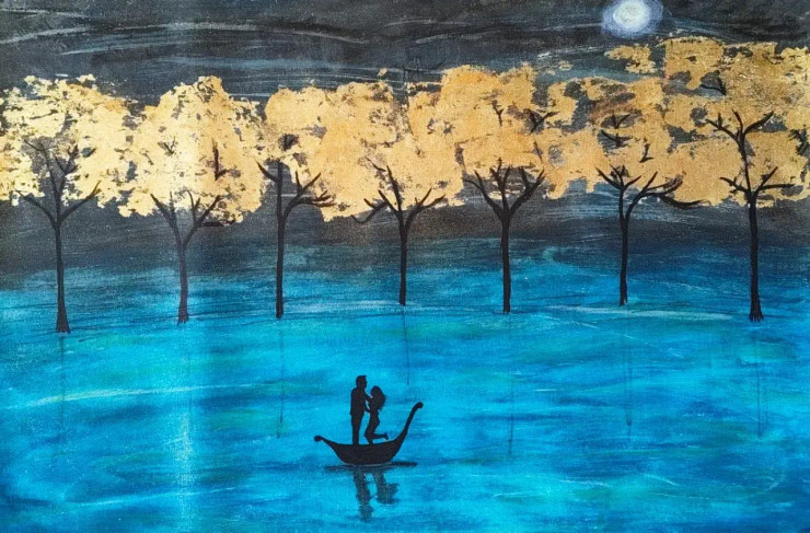 Romantic Couple In Boat Under Golden Trees (ART-17155-115145) - Handpainted Art Painting - 32in X 20in