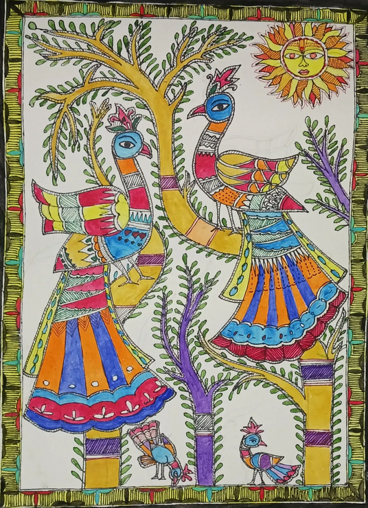 MADHUBANI PAINTING (ART-7407-117514) - Handpainted Art Painting - 11in X 15in