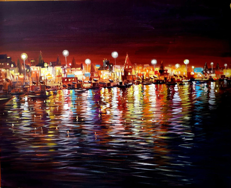 Beauty Of Night Reflections Varanasi Ghats (ART-1232-117612) - Handpainted Art Painting - 36in X 30in