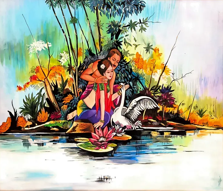 Whispers By The Lotus Lake – Man And Woman (ART-17947-117599) - Handpainted Art Painting - 39in X 33in
