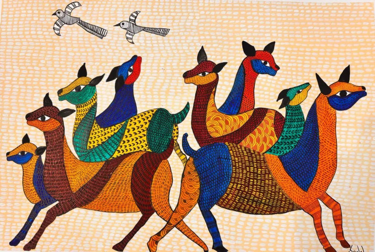 Kunba-deer Family (ART-2399-117629) - Handpainted Art Painting - 15in X 10in