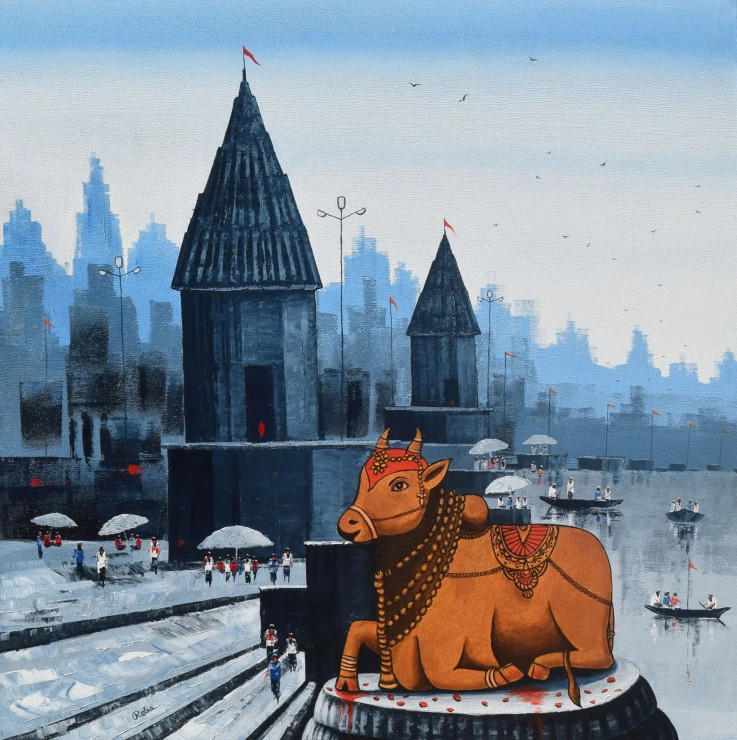 Nandi On Banaras Ghat (ART-7775-117591) - Handpainted Art Painting - 36in X 36in
