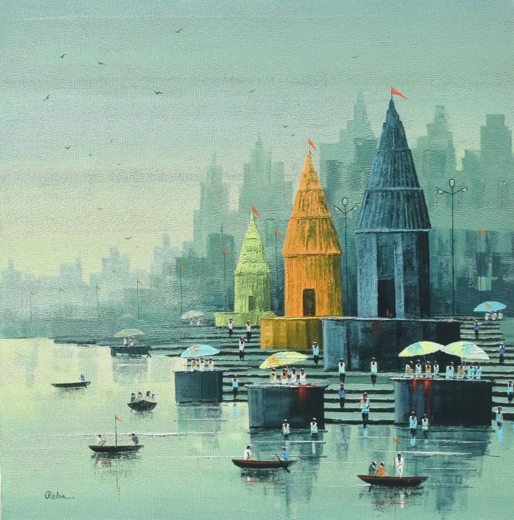 Banaras Ghat (ART-7775-117590) - Handpainted Art Painting - 36in X 36in