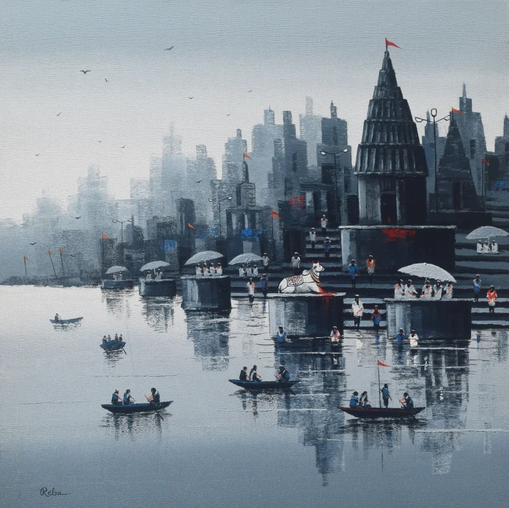 Nandi On Banaras Ghat (ART-7775-117595) - Handpainted Art Painting - 30in X 30in
