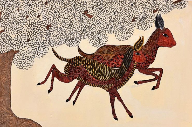 Gond Deer (ART-2399-117631) - Handpainted Art Painting - 15in X 10in