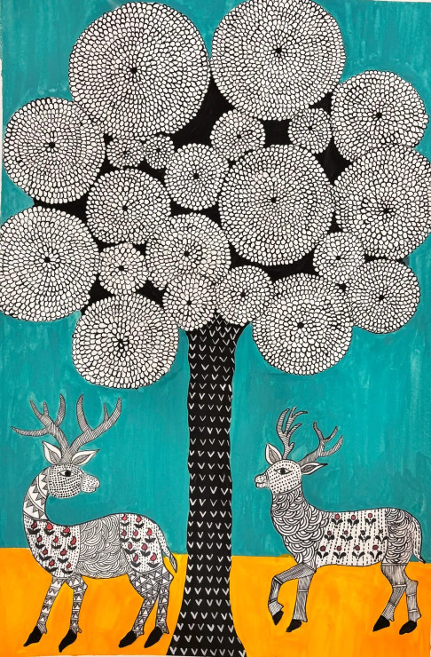 Do Bhai-Gond Deer (ART-2399-117630) - Handpainted Art Painting - 10in X 15in